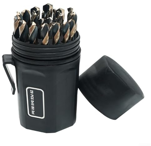 Juego de 29 brocas HSS con vástago recto de punta de 135 grados optimizado para tareas de perforación de metal, madera y plástico en bricolaje y trabajo profesional
