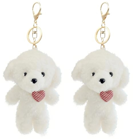CHUANFU 2 Stück Schlüsselanhänger Hund Plüsch, Süßes Hundewelpen Anhänge Kuscheliger Plush Keychain mit Schlüsselring, Weiche Plüschtier Hund Bag Charms, Geschenk für Mädchen Damen (Weiß)