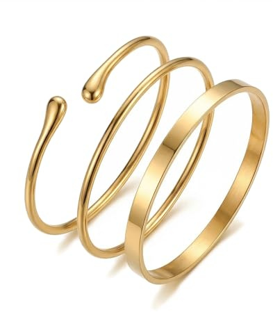 HoxzoDa Juego de 3 Brazaletes Minimalistas para Mujer de Metal Dorado, Pulseras Abiertas con Diseño Simple de Cuff, Joyería de Color Oro, Brazaletes Versátiles para Estilo Diario Elegante