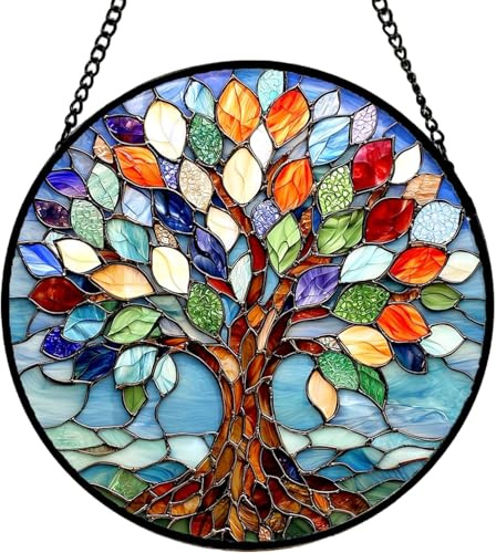 Lebensbaum Suncatcher Acryl, farbenfroher Sonnenfänger mit Metallkette, Fensterdekoration Baum des Lebens, Deko für Fenster Balkon, Geschenk für Geburtstag Weihnachten Einweihung Muttertag