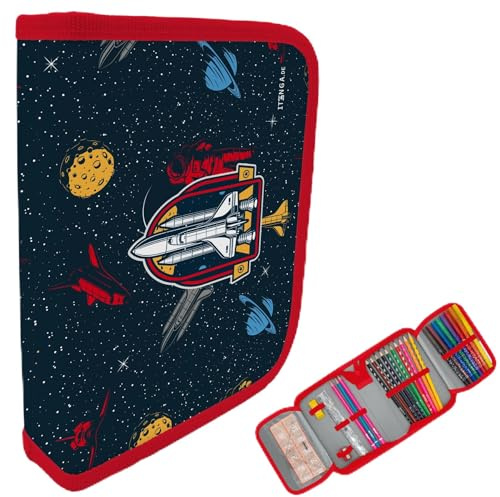 itenga Trousse garnie de 28 pièces pour garçon – Trousse d'écolier 1 fermeture éclair avec stylos, règle et accessoires – Trousse d'école primaire, Motif espace, Poche supplémentaire