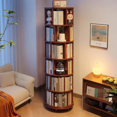 Scribora Estanteria Giratoria Libros, 6 Niveles de Madera Maciza Redonda de la Estantería de la Torre, 360 Grados Estantería Rodando para Niños Adultos,Aplicable a Salon para Dormitorio.