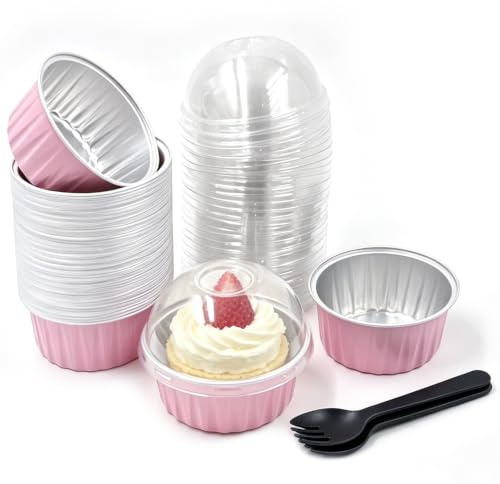 Vidoxdu Lot de 50 mini moules à gâteaux ronds avec couvercles et cuillères - 150 ml - En aluminium - Pour la maison, le dessert, le pain, les mariages, les anniversaires, les pique-niques (rose)