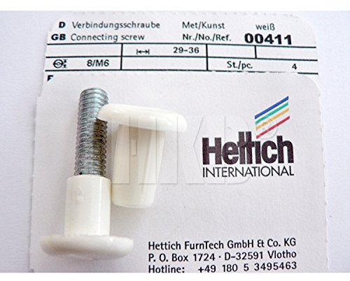HKB ® 4 Stück Verbindungsschraube Kunststoff/Metall weiß, Ø 8 mm, M6, 29-36 mm, Hersteller Hettich, Artikelnr. 411