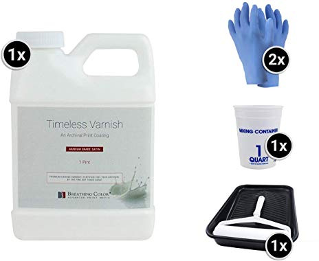 Breathing Color Timeless Archival Print Varnish Kit - 1 Pint, Satin Finish, Best Canvas Coating, Certified Archival Quality, Includes Foam Roller, Mixing Cups, and Gloves Bundle