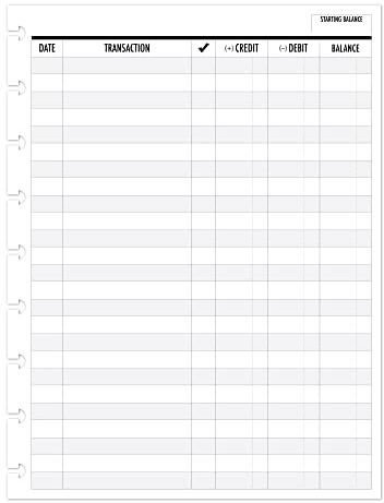 Classic Size Checkbook Register Insert for Disc-Bound Systems, 9 Discs, 7 x 9.25, Track Credits, Debits, and Running Balance with Starting Balance Field