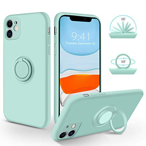 SouliGo for iPhone 11 Case Silicone Gel with 360° Ring Holder Kickstand【Compatible Magnetic Car Mount】 Slim Fit Soft Rubber Protective Shockproof Phone Cover Cases for iPhone 11 6.1 - Light Green
