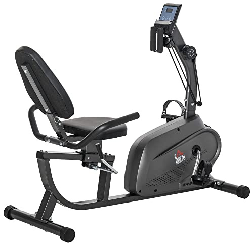 HOMCOM Motionscykel halvliggande cykel magnetisk multifunktionell LCD-skärm justerbar 2-band motstånd stål svart