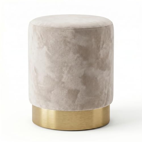 INTRECCI Pouf Cilindro in Velluto con Base Oro Elegante | Sgabello Poggiapiedi Imbottito per Salotto e Camera da Letto | Poltroncina Rotonda, Design Moderno | Ø 32 x H 40 cm – Colore: Beige