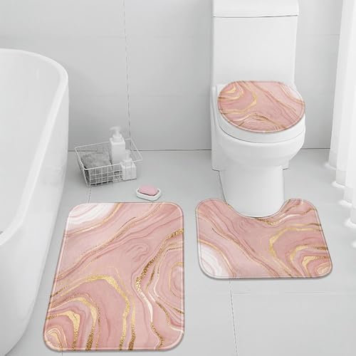 Britimes Badezimmerteppich-Set, rosa Marmor, 3-teilig, goldfarbene Rose, 3-teiliges Badematten-Set, Vintage-Stil, Pfirsich-Blush, rutschfest, waschbar, Bodenteppich, Dekorationen für Küche,