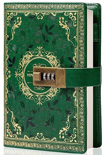 Vintage Leather Journal Notebook with Combination Lock, B6 Embossed Flower Secret Diary Ruled Lined Paper for Writing, Gift for Women Girls Children (Green)