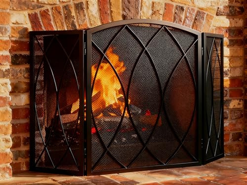 FEED GARDEN 3 Panel Fireplace Screen 48 W x 29.5 H Modern Foldable with Wrought Metal Decorative Mesh,Arch Heavy Duty Fire Spark Guard Cover for Home Decor Indoor, Black