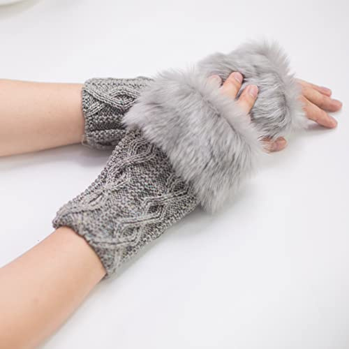 Winter Armstulpen Pulswärmer für Damen,Kunstpelz Kunstfell Armstulpen Halb Fingerlose Handschuhe Fäustlinge Weich Faux Pelz Armstulpen Fell Manschetten Stricken Armlinge Ärmel Armwärmer,Hellgrau