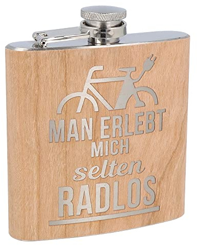 Spruchreif | Petaca de acero inoxidable grabada | Petaca de madera con grabado en bicicleta | Botella de alcohol | Regalo para bicicleta eléctrica | Regalo para ciclistas y ciclistas de montaña |