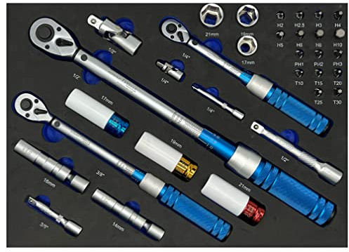 Kraftwelle Profi Drehmomentschlüssel Set 32 teilig beinhaltet 1/4, 3/8, 1/2 Zoll Umschaltknarren von 2-220 NM - feinverzahnte Ratschen - inkl. Stecknuss und Bit Set
