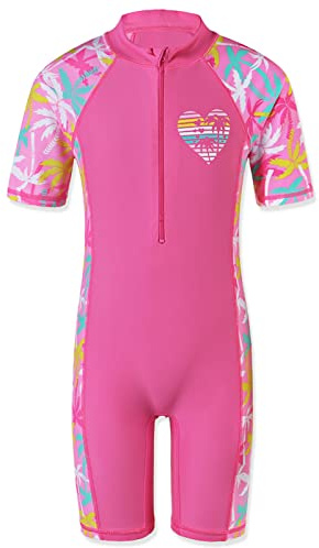 HUAANIUE Mädchen Badeanzug 2-12 Jahre, Einteiler mit UV-Schutz UPF50+, Kurzarm, Front-Reißverschluss, Bunte Druckmuster ideal für Schwimmen & Strand (S259-Kakao Baum,8-10 Jahre)