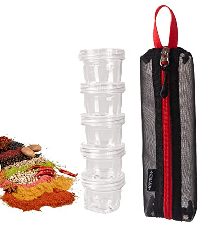 Joyeee Juego de 5 tarros de especias para camping, salero y pimentero bolsa de almacenamiento negra, organizador de condimentos empalmable, dispensador de contenedores para barbacoa al aire libre