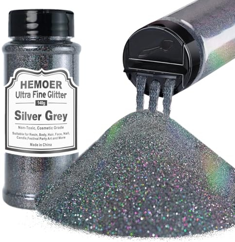 HEMOER Silbergrau Glitzerpulver, 140g Bastel Glitzerpulver für Epoxidharz, DIY Basteln, Feine Handwerk Glitter für Tumbler Malerei Kerze Herstellung; Kosmetischer Glitzer, Haare, Körper Nagel Glitzer