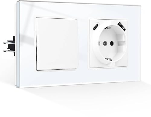 CNBINGO Lichtschalter mit USB Steckdose Unterputz - Glas Schuko Steckdose mit USB-A und Typ-C Port (Max. 2,1 Amp total) Gehärteter Glasscheibe Steckdosen mit Steckklemme - 1 Fach 1 Weg, Weiß