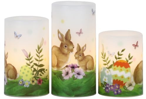 Eldnacele Easter Bunny Flameless Flickering Candles with 6H Timer Battery Operated Real Wax Candles Easter Eggs Lilies Rabbits Home Decor 4”5”6”H (3”D)