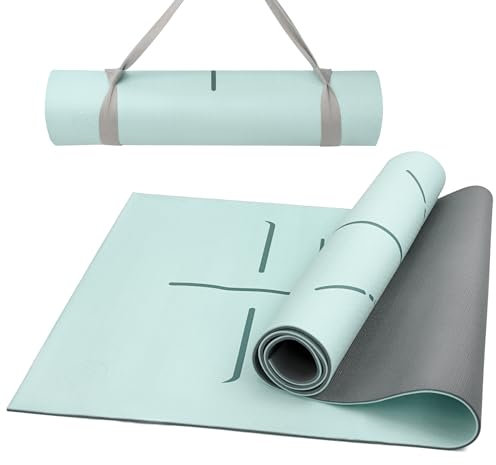 Ostutry Yogamatte, 6 mm dick, rutschfeste Yogamatte, 182,9 x 66 x 0,6 cm, mit Ausrichtungsmarkierung, reißfeste Trainings- und Fitnessmatte für Yoga, Pilates und Bodentraining, Tragegurt im