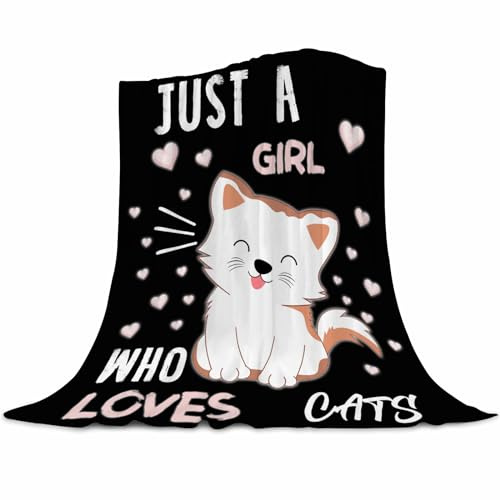 Graziosa coperta a forma di gatto, ultra morbida, calda, accogliente, leggera, in flanella, pelosa, per divano, biancheria da letto, per tutte le stagioni, con scritta Just a Girl Who Loves Cats,