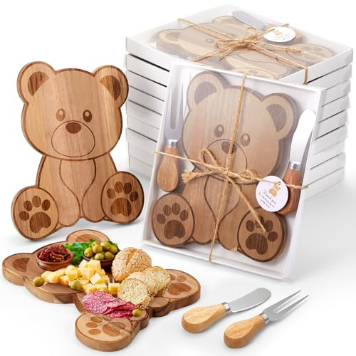 Ziliny 12 Set Baby Shower Prizes Game Gift Bear Shaped Cheese Board with Cheese Knives and Forks Baby Shower Party Favors Gift Box for Wedding Bridal Birthday Gender Reveal Favor (Acacia Color)