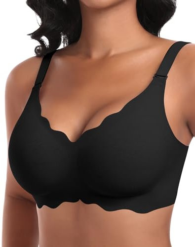 Ganado Damen Nahtloser BH Ohne Bügel Tiefem V-Ausschnitt gewellte Ränder Bequemer BH Bralette Soft BHS Bügellos Bustier Bra (Schwarz-Doppel Vorderwelle, L)