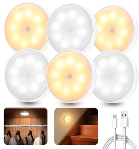 buvyuotu 6 Pièces Lampe Détecteur de Mouvement Interieur, Veilleuse LED Rechargeable Lumiere 3 Modes, Lampe Led Sans Fil éclairage pour d'escalier, Couloir, Chambre à Coucher, Armoire, Cuisine