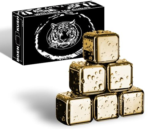 6 Small Whiskey Stones - Reusable Stainless Steel Metal Ice Sphere Cubes Beverage Chilling Rocks Whiskey Stones for Red Wine, Bar Beer, Scotch, Vodka Drinks - Gold