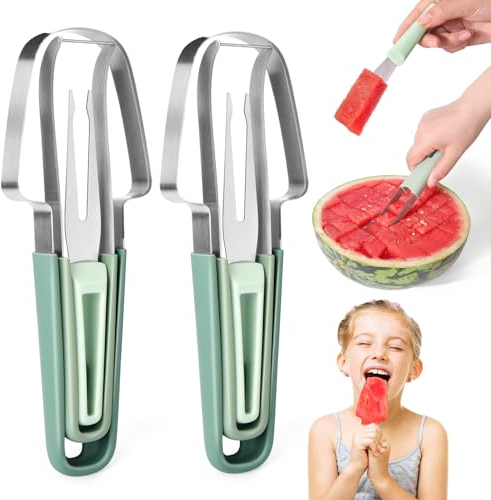 Mity rain Affettatrice per anguria, 3 in 1, in acciaio inox, con affettatrice e forchetta, multifunzione, per mango, mela, pera, drago, per feste o viaggi in campeggio