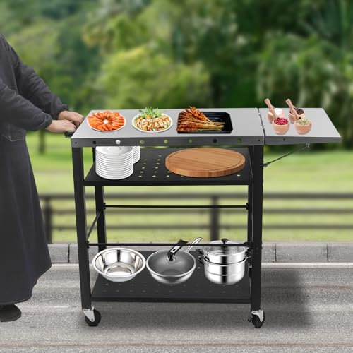 Kozivmo Tavolo universale per barbecue in acciaio, tavolo con tavolino pieghevole e 4 ruote, portaposate adatto per barbecue da tavolo, 80 x 50 x 83 cm