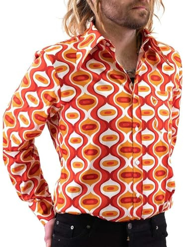 Men's 70s Disco Hip Hop Shirt, Casual, Button Down, Paisley Pattern, Floral Pattern, Vintage, Long Sleeve, Large Collar, Yellow, L