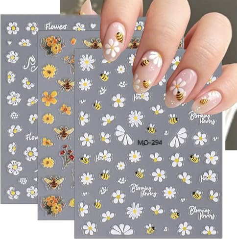Auiremrti 3 Stück Nagelsticker Set-Selbstklebende Nagelfolie Mit Blumen- Und Bienenmotiven-Nail Art Sticker Für Kreatives Nageldesign-Nageltattoos Und Zubehör