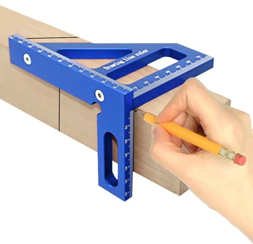 3D Multi Angle Measuring Ruler, Aluminum Alloy 45/90° Miter Triangle Ruler, Woodworking Square Protractor for Measuring, Aligning, And Marking (Blue)