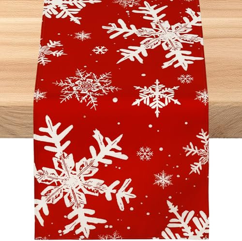 SOMYTING Tischläufer Weihnachten 33x230cm Tischläufer Modern Winterlich tischläufer Weihnachten modern Schneeflocke Weihnachten Tischdecke für Winter Party Weihnachtsessen Tisch Deko (Rot)
