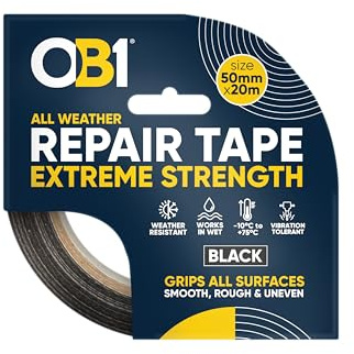 OB1 Black All Weather Extreme Strength Repair Tape, 50mm x 20m Roll | Maximum Holding Power, Strong Bond on Smooth, Rough & Uneven Surfaces, Waterproof & UV Resistant for Indoor & Outdoor Use