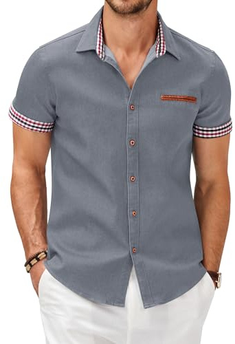 COOFANDY Herrskjortor kortärmad sommar vardaglig denim arbetsskjortor kontrast/rutig krage knapp ner klänning skjorta, Ljusgrå, XXL