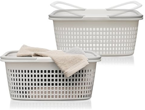 Hausfelder Wäschekorb 2er Set Weiß 35L Kunststoff, Wäschewanne klein mit Henkel und Griffen, Wäschekorb Weiß Kunststoff 58x37x25cm, 2 Stück stapelbar BPA-frei