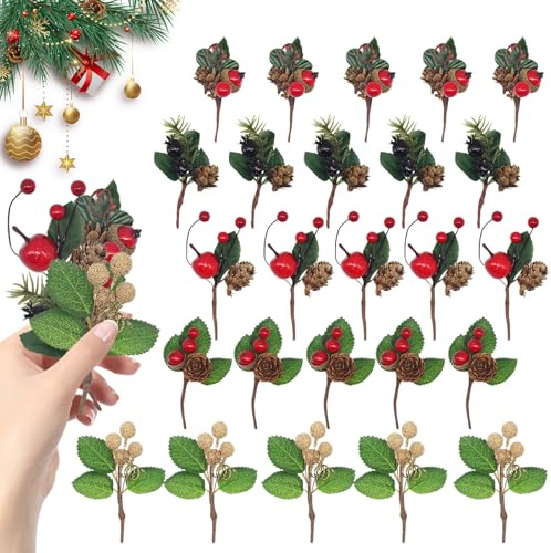 KUIRUNRX® Ramas Decorativas, Juego de Ramas de Pino Artificial y Bayas Rojas Artificiales, Bayas Artificiales de Acebo de Navidad, Ramas Decorativas para Coronas y arreglos (20 Piezas)