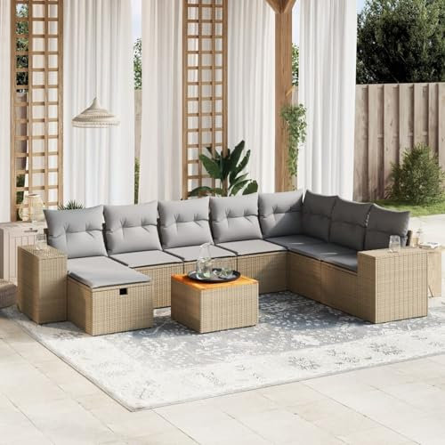 LAPOOH 9-TLG. Garten-Sofagarnitur mit Kissen Beige Poly Rattan, Lounge Gartenmöbel Set, Möbelsets, Balkon Möbel, Gartenlounge, Gartensofa - 3265210