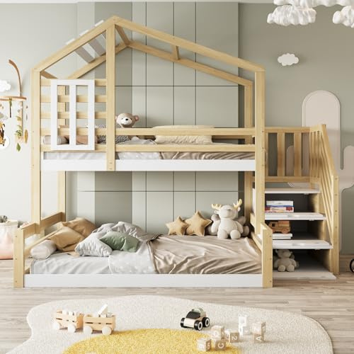KecDuey Etagenbett, Oberbett 90 x 200cm,Unteres Bett 140 x 200cm,Doppelbett Kiefernholz, Bett mit Lattenrost,Fenster, Hausleiste, Geländer, Stufentreppe zur Aufbewahrung, Natur