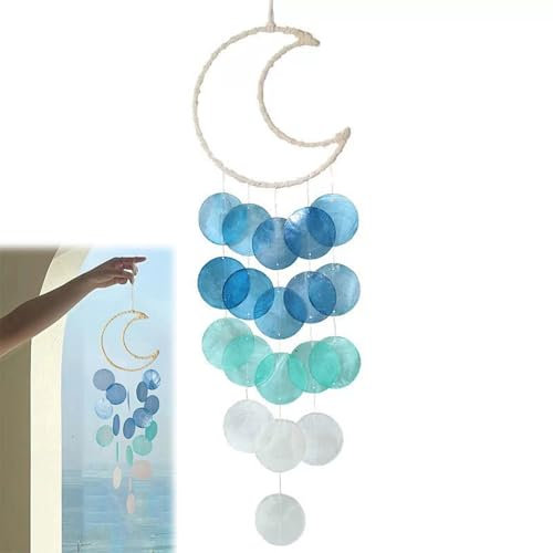 Carrillón de Viento con Atrapasueños,Carillón de Viento Azul,Carillón de Viento de Luna de Concha, Conchas Nácar Carillón de Viento,Hermoso Carillón de Viento Colgante para Patios,Balcones,Dormitorios