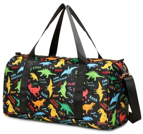 Suweir Sporttasche Kinder Reisetasche Jungen Mädchen mit Nassfach Schwimmtasche Weekender Duffle Bag Outdoor Fussballtasche Badetasche für Reisen, Fitness, Sport, Schule (Schwarzer Dinosaurier)