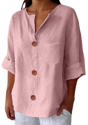 Cocila Camicie in Lino per Donna Estate 2025 Tops alla con Scollo A V E Maniche 3/4 Ampie Aderenti Le Vacanze Spiaggia Camicette Tuniche. Blusa Satin Camicia Oversize Bianca Donna Curvy