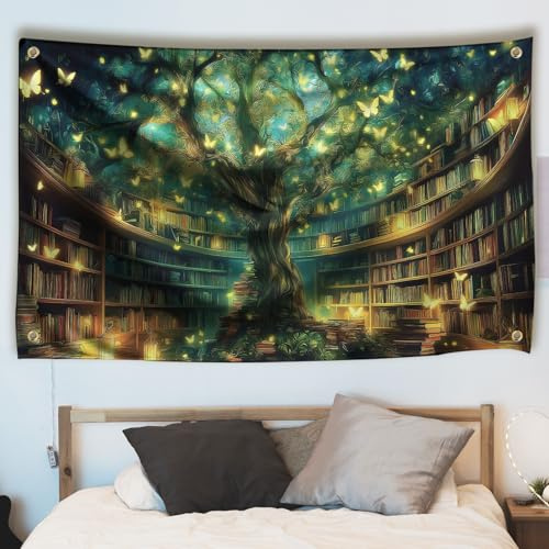 WEBEEDY Fantasy Bibliothek Wandteppich Geheimnisvoller Baumhaus Bücherregal Wandbehang Hexen Bibliothek Hintergrund Lesen Buch Wandteppiche Für Schlafzimmer Büro Wohnheim 180x110cm