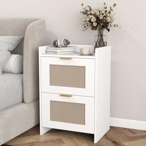YOSHOOT Nachttisch mit Ladestation, Rattan-Nachttisch mit 2 Schubladen, Beistelltisch mit goldenem Metallgriff für Schlafzimmer, Wohnzimmer, Arbeitszimmer,40×30×60cm(weiß)