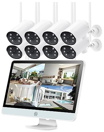 3MP Wireless CCTV System 8CH NVR Wifi IP Security Camera Set 12inch Monitor 2-Way Audio Waterproof Video Surveillance Kit(None,8CH NVR 8Cams(B))