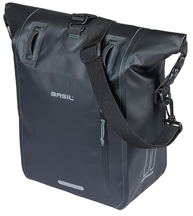 Basil Rivo Einzelne Fahrradtasche Gepäckträger – Wasserdicht 12-15L – Reflektierend – aus Tarpaulin – Mit MIK Hooks – 25X14X38 cm – Schwarz