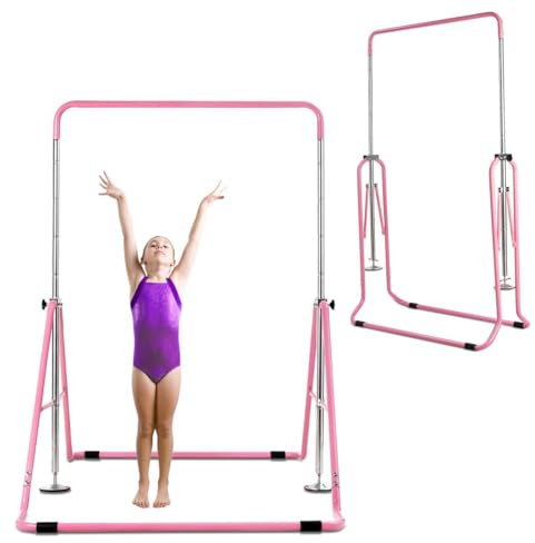 COSTWAY Barra Gimnasia Artistica, Estructura Triangular, Barra Horizontal Junior Ajustable en Altura, Equipo Gimnasia Ritmica para Entrenamiento Niños Niñas (Rosa)
